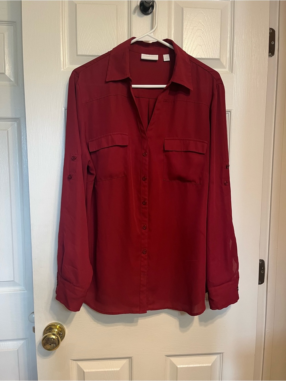 New York & Company Deep Red Collared Blouse XL